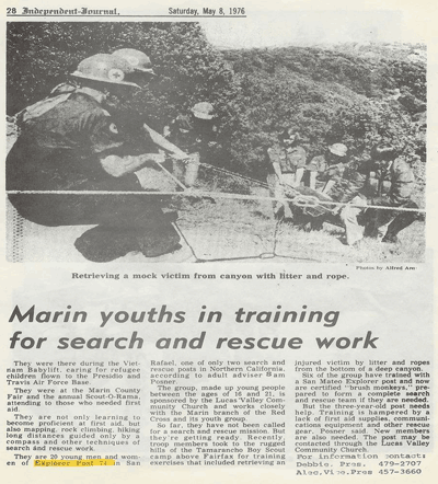 An old newspaper article titled "Marin youths in training for search and rescue work"